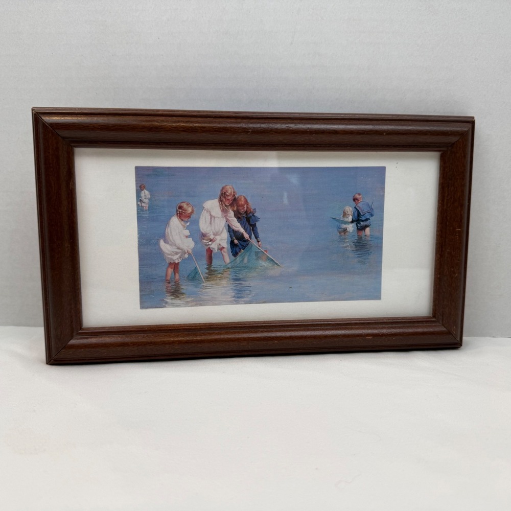Vintage Children Fishing with Nets Art Print Framed Dark Wood 11.25x6.25